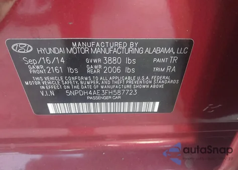 2015 Hyundai Elantra Se/Sport/Limited z USA, uszkodzony, nr VIN 5NPDH4AE3FH587723